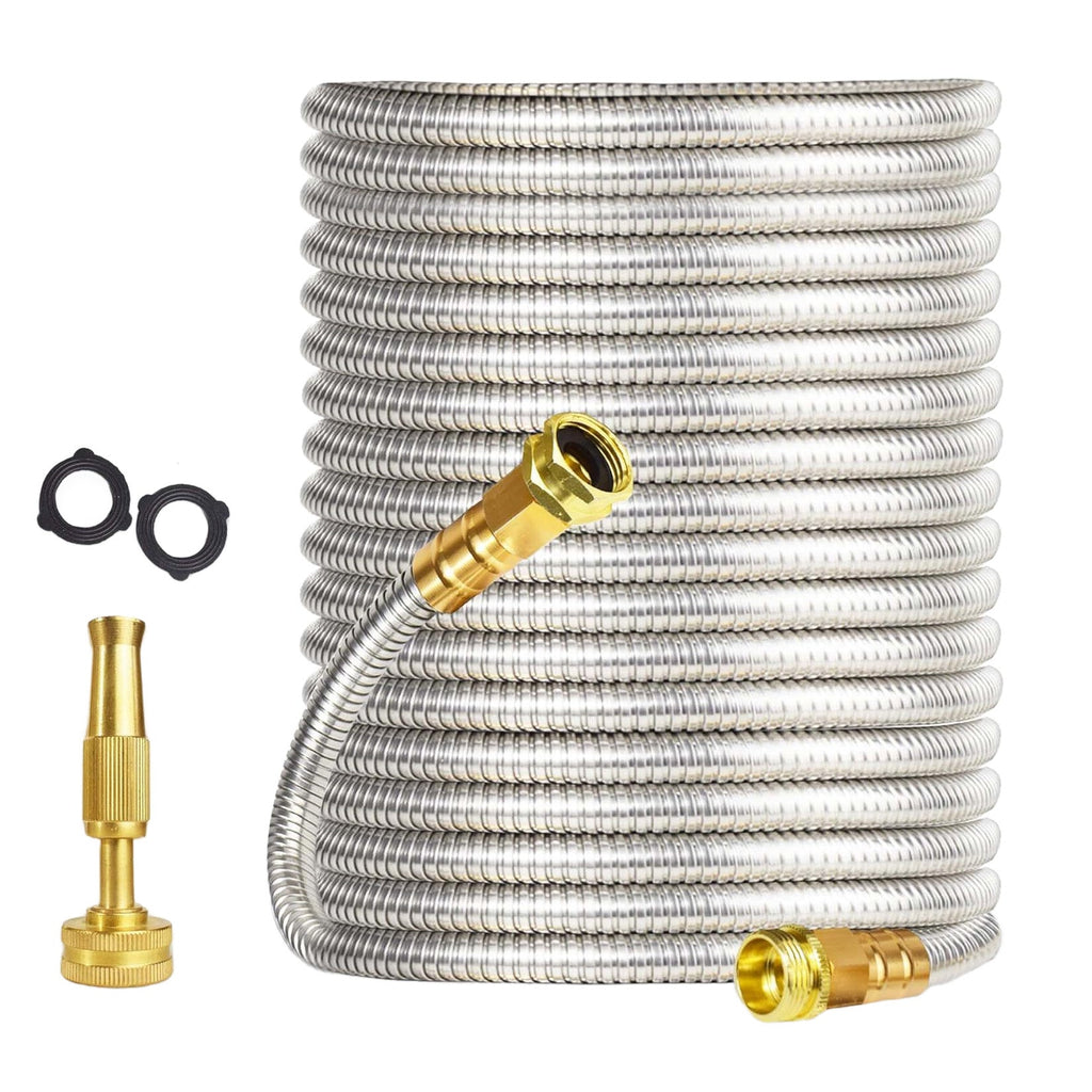 100 ft Stainless Steel Garden Hose with Brass Nozzle — product image 1