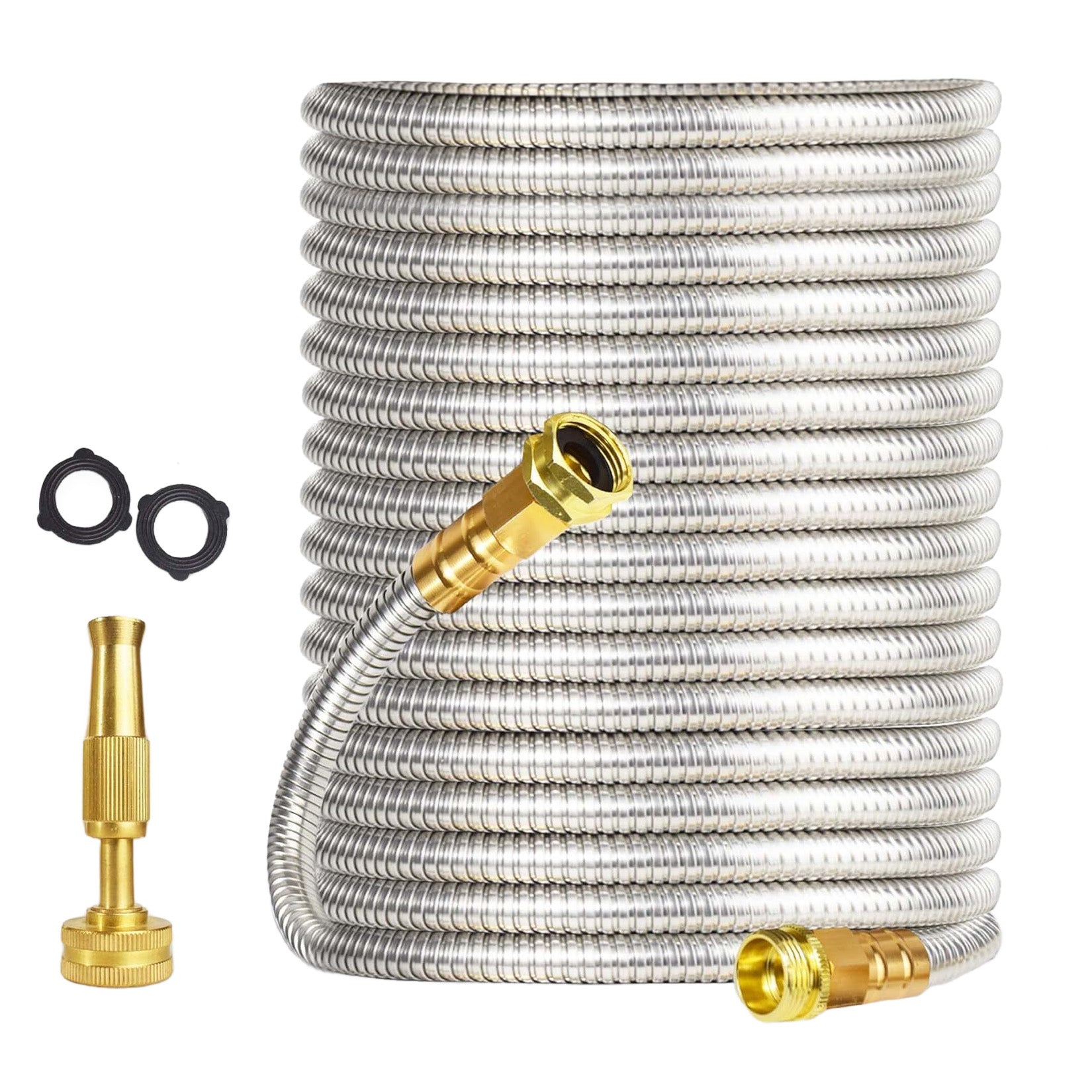 100 ft Stainless Steel Garden Hose with Brass Nozzle — product image 1