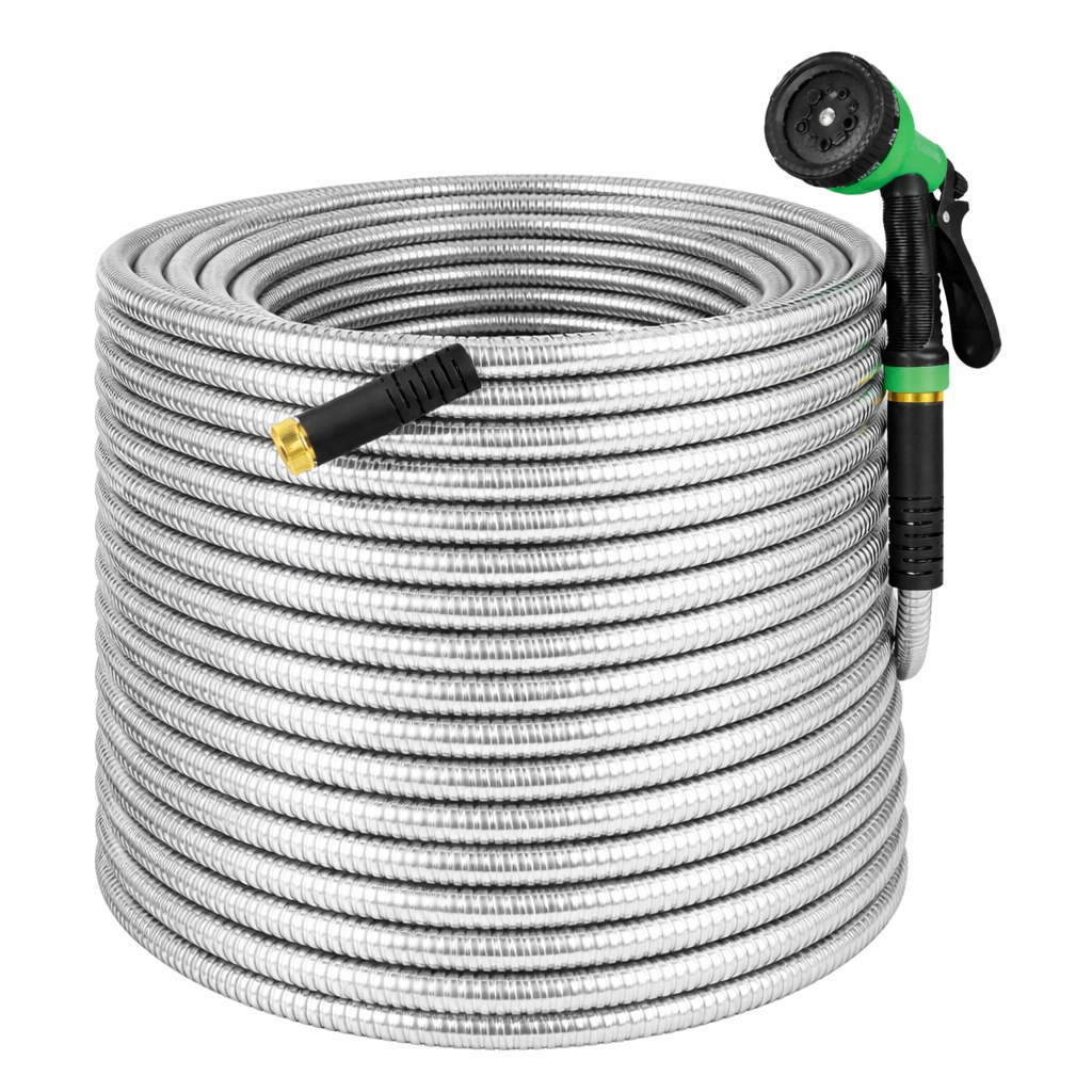 100 ft Stainless Steel Garden Hose with 10-Pattern Nozzle — product image 1