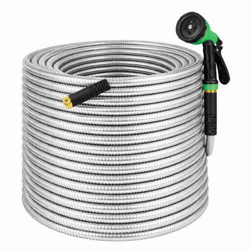 100 ft Stainless Steel Garden Hose with 10-Pattern Nozzle — product image 1