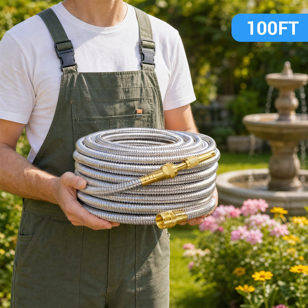 100 ft Stainless Steel Garden Hose with Brass Nozzle — product image 3